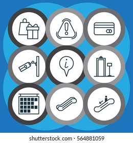 Set Of 9 Traveling Icons. Includes Stair Lift, Departure Information, Plastic Card And Other Symbols. Beautiful Design Elements.