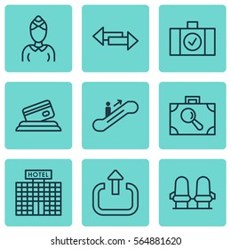 Set Of 9 Traveling Icons. Includes Moving Staircase, Resort Development, Credit Card And Other Symbols. Beautiful Design Elements.