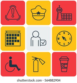 Set Of 9 Traveling Icons. Includes Takeaway Coffee, Departure Information, Fire Extinguisher And Other Symbols. Beautiful Design Elements.