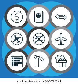 Set Of 9 Traveling Icons. Includes Crossroad, Aircraft Arrow, Forbidden Mobile And Other Symbols. Beautiful Design Elements.