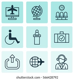 Set Of 9 Traveling Icons. Includes World Sphere, Seats, Operator And Other Symbols. Beautiful Design Elements.