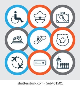 Set Of 9 Traveling Icons. Includes Cop Symbol, Fly Around, Moving Staircase And Other Symbols. Beautiful Design Elements.