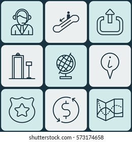 Set Of 9 Traveling Icons. Includes Info Pointer, Road Map, Exit And Other Symbols. Beautiful Design Elements.