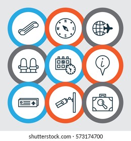 Set Of 9 Traveling Icons. Includes Info Pointer, Baggage Research, Airport Card And Other Symbols. Beautiful Design Elements.