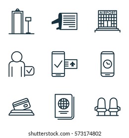 Set Of 9 Traveling Icons. Includes Timetable, Phone Reservation, Credit Card And Other Symbols. Beautiful Design Elements.