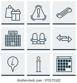 Set Of 9 Traveling Icons. Includes Information, Armchair, Resort Development And Other Symbols. Beautiful Design Elements.