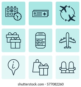 Set Of 9 Traveling Icons. Includes Armchair, Airliner, Present And Other Symbols. Beautiful Design Elements.