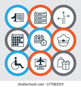 Set Of 9 Traveling Icons. Includes Appointment, Shopping, Departure Information And Other Symbols. Beautiful Design Elements.