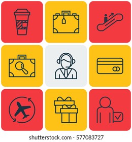 Set Of 9 Traveling Icons. Includes Takeaway Coffee, Globetrotter, Suitcase And Other Symbols. Beautiful Design Elements.