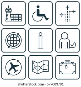 Set Of 9 Traveling Icons. Includes World, Information, Accessibility And Other Symbols. Beautiful Design Elements.