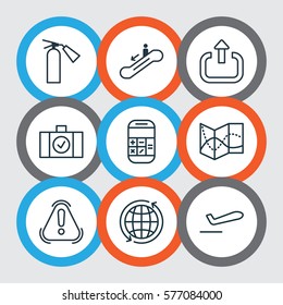Set Of 9 Traveling Icons. Includes Road Map, Calculation, Escalator Down And Other Symbols. Beautiful Design Elements.