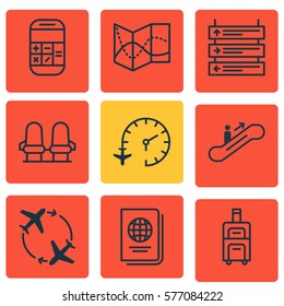 Set Of 9 Traveling Icons. Includes Moving Staircase, Identification Document, Plane Schedule And Other Symbols. Beautiful Design Elements.