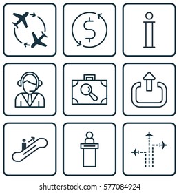 Set Of 9 Traveling Icons. Includes Baggage Research, Money Trasnfer, Exit And Other Symbols. Beautiful Design Elements.