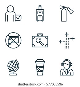 Set Of 9 Traveling Icons. Includes World Sphere, Fire Extinguisher, Takeaway Coffee And Other Symbols. Beautiful Design Elements.