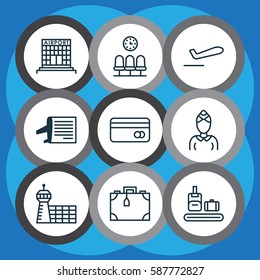 Set Of 9 Traveling Icons. Includes Timetable, Airliner Takeoff, Briefcase Scanner And Other Symbols. Beautiful Design Elements.