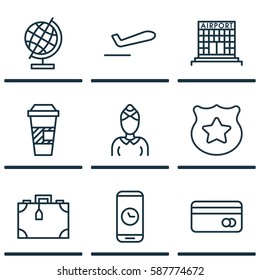 Set Of 9 Traveling Icons. Includes Takeaway Coffee, Call Duration, Cop Symbol And Other Symbols. Beautiful Design Elements.