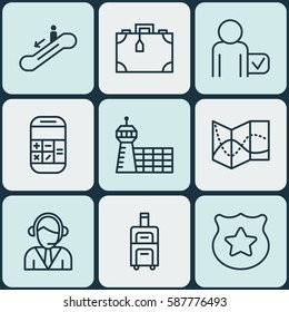 Set Of 9 Traveling Icons. Includes Suitcase, Operator, Airport Building And Other Symbols. Beautiful Design Elements.