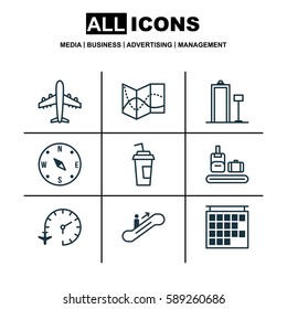 Set Of 9 Traveling Icons. Includes Moving Staircase, Departure Information, Briefcase Scanner And Other Symbols. Beautiful Design Elements.