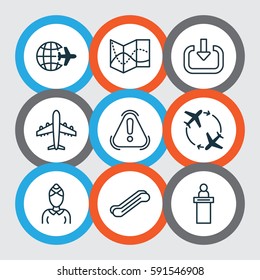 Set Of 9 Traveling Icons. Includes Registration Service, Road Map, Enter And Other Symbols. Beautiful Design Elements.