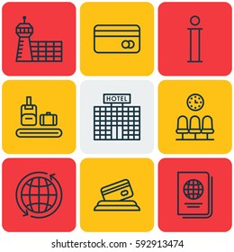 Set Of 9 Traveling Icons. Includes Information, Credit Card, Identification Document And Other Symbols. Beautiful Design Elements.