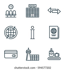 Set Of 9 Traveling Icons. Includes Seats, Resort Development, Airport Building And Other Symbols. Beautiful Design Elements.