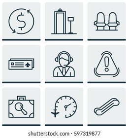 Set Of 9 Traveling Icons. Includes Security Scanner, Baggage Research, Armchair And Other Symbols. Beautiful Design Elements.