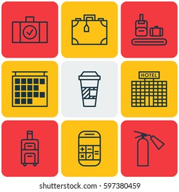 Set Of 9 Traveling Icons. Includes Briefcase Scanner, Luggage Scanner, Departure Information And Other Symbols. Beautiful Design Elements.