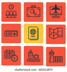 Set Of 9 Traveling Icons. Includes Road Map, Airport Building, Seats And Other Symbols. Beautiful Design Elements.