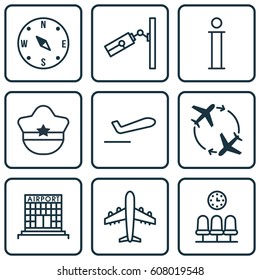 Set Of 9 Traveling Icons. Includes Fly Around, Airfield Manufacture, Pilot Hat And Other Symbols. Beautiful Design Elements.