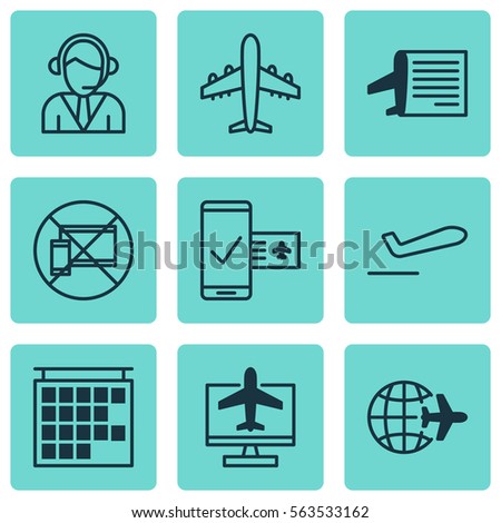 Set Of 9 Traveling Icons. Includes Departure Information, Operator, Internet Ticket And Other Symbols. Beautiful Design Elements.