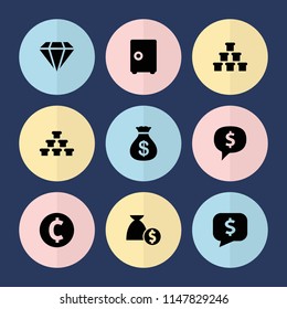 Set of 9 treasure filled icons such as money sack, safe, dollar sign in cloud, gold, diamond, coin