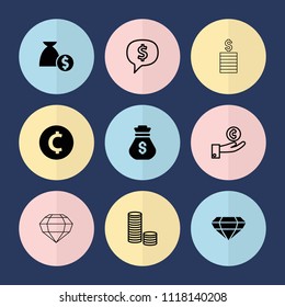 Set of 9 treasure filled and outline icons such as coin, dollar sign in cloud, hand on coin, gem, money sack, money bag