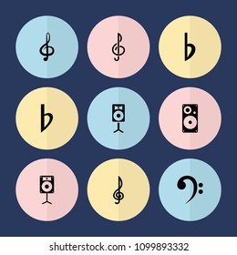 Set of 9 treble filled icons such as treble clef, bemol, loudspeaker