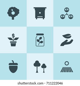 Set of 9 tree filled icons such as field, tree, leaf in hand, hive, fruit tree, acorn, structure, money flower