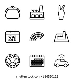 Set of 9 trendy outline icons such as factory, calendar, car, purse, peace, rainbow