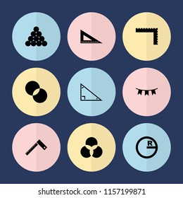 Set of 9 triangle filled icons such as ruler, circle intersection, circle, biliard triangle, party flag