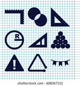 Set of 9 triangle filled icons such as triangle ruler, ruler, circle intersection, party flag, circle