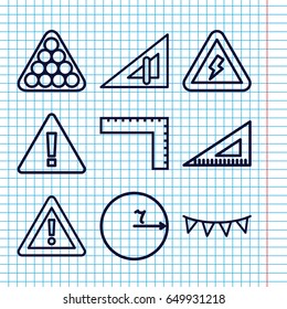 Set of 9 triangle outline icons such as triangle ruler, ruler, billiards, warning, party flag, voltage warning