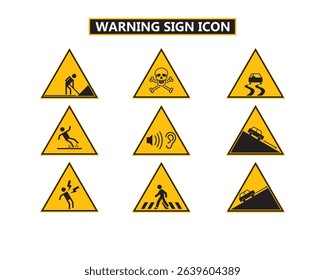 A set of 9 triangular warning signs. Includes icons for construction, toxic chemicals, slippery roads, slipping hazards, loud noise, steep slope, electrical hazard, pedestrian crossing
