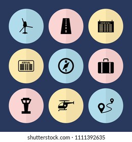 Set of 9 trip filled icons such as airport tower, runway, arrival table, distance, medical helicopter, helicopter, compass