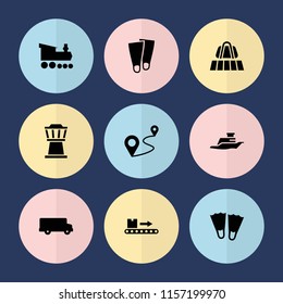 Set of 9 trip filled icons such as luggage belt, bus, flippers, distance, luggage scan, ship, airport tower