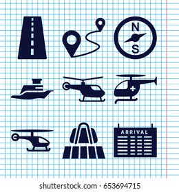 Set of 9 trip filled icons such as runway, luggage belt, helicopter, arrival table, distance, medical helicopter, ship