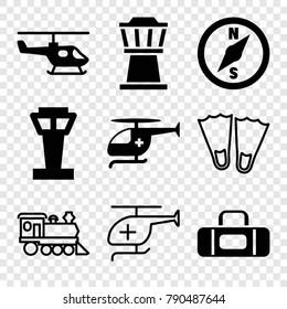 Set of 9 trip filled and outline icons such as airport tower, medical helicopter, helicopter, flippers, locomotive, sport bag