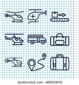 Set of 9 trip outline icons such as helicopter, distance, luggage scan, luggage, medical helicopter, bus