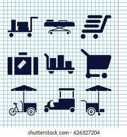 Set of 9 trolley filled icons such as luggage, fast food cart, luggage cart, hospital stretch