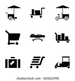 set of 9 trolley filled icons such as luggage, fast food cart, luggage cart, hospital stretch