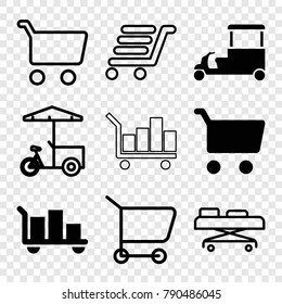 Set of 9 trolley filled and outline icons such as luggage, fast food cart, shopping cart, luggage cart
