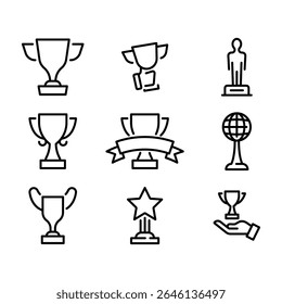 Set of 9 Trophy Cup Icons in Linear Style. Symbols of Victory, Success, and Achievement.