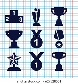 Set of 9 trophy filled icons such as trophy, ranking, star trophy, number 1 medal, medal with star