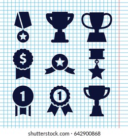 Set of 9 trophy filled icons such as trophy, number 1 medal, medal with star